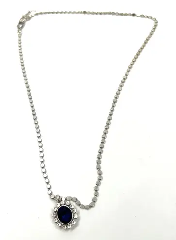 Ori Tao Simple Oval Pendant Necklace, Blue Center Stone Silver Tone Reversible