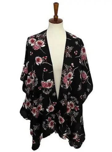 Kimono Cardigan Floral Ruffle Sleeves Lightweight Romantic Black Red Pink Grey Size 1X