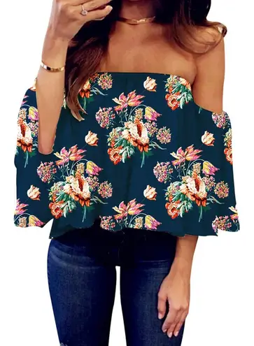 Navy Blue Floral Off The Shoulder Flowy Chiffon Top Size M