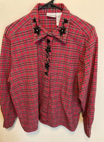 Cabin creek Women's Vintage Christmas Plaid Button Down Floral Embroidered Collar Size XL