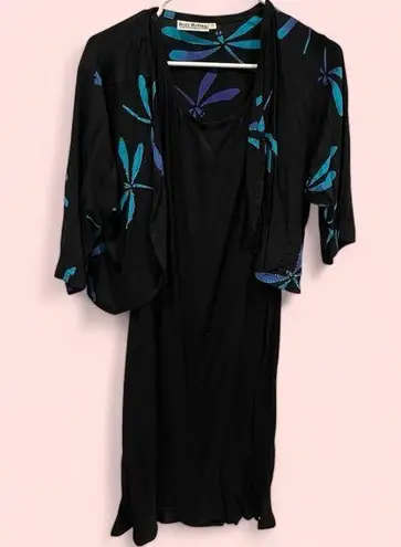 Adorable Y2K Bali batik black ruffle sleeveless dress and beaded jacket set 2pc Blue Size M