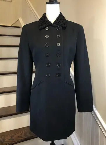 Ralph Lauren Military Faux Fur Lapel Double Breasted Black Wool Riding Coat Sz 6