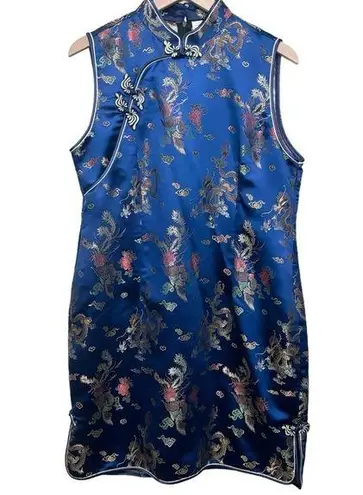 Women’s Chinese Asian traditional bright blue jacquard sleeveless dress Size L