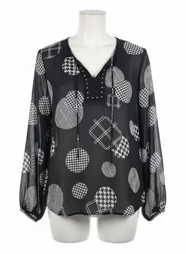 Christopher & Banks Christopher & Bank Blouse Petite L Black White Geometric Sheer Chiffon Top Lined