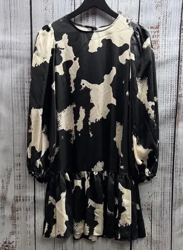 ALEXIS X TARGET NWT Black Beige Print Ruffle Hem Long Balloon Sleeve Mini Dress Size M