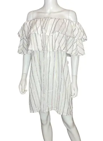 Charles Henry Metallic Stripe Off-the-Shoulder Popover Dress Ivory Sz L