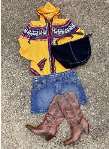 Vtg Y2K Handmade Sz Small Full Zip Hooded Mexican Poncho Boho Sweater Multicolor Yellow