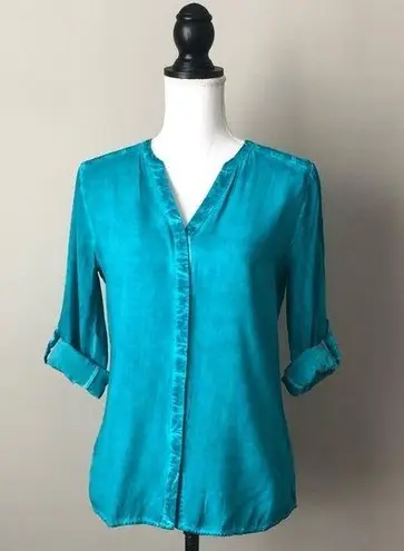 Ecru | Teal Mono Tie Dye Rolled Sleeve Top Sz XS