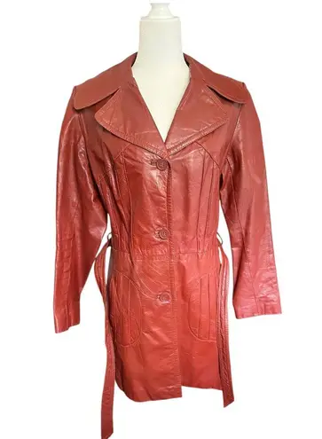 Vintage Dark Orange Leather Longline Trench Coat 70's Chic Size 12