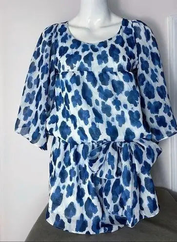 barney's new york Blue White Watercolor Polka Dot Spotted Blouse Top Size Small