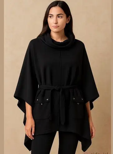 Yoon Black Cotton Blend Turtleneck Poncho with Belt and pockets Knee length Sz M Size M