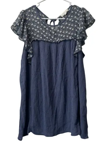 Suzanne Betro Size Large Tunic Top Shirt Blue Flutter Sleeve Knit Textured Boho