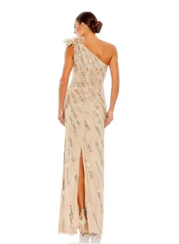Mac Duggal 93739 Embellished Floral Feather One Shoulder Gown Size 4 Nude Gold