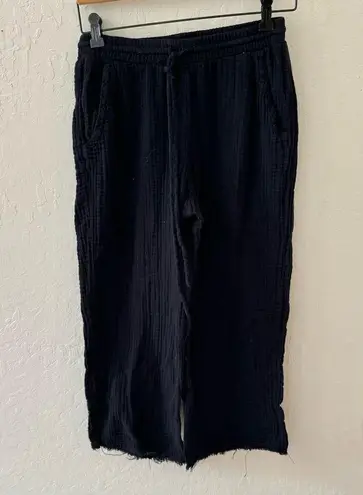 Michael Stars Wide Black Semi Sheer Crop Drawstring Waist Raw Hem Pull On Pants