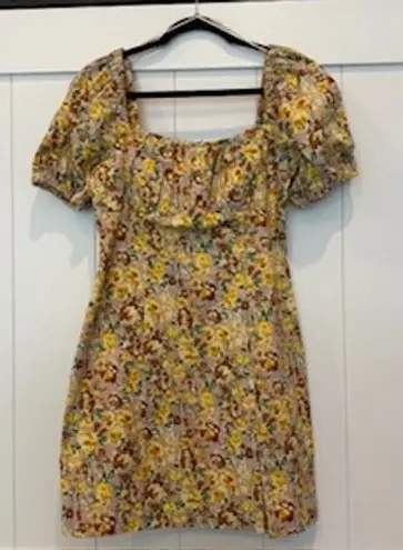 ASTR The Label Floral Puff Sleeve Mini Dress Cottagecore Women's Yellow Size M