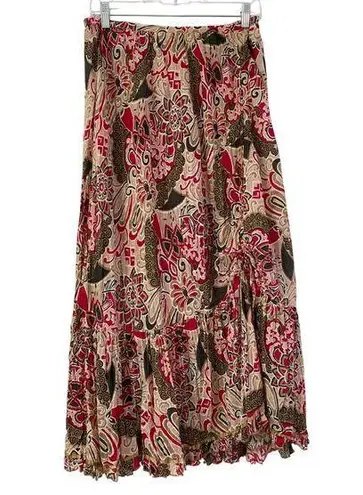 Vintage Crinkle Maxi Skirt Ruffles Bow Ruched Y2K Boho Fairy Peasant Whimsy M Tan Size M