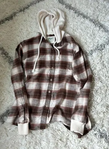 American Eagle Flannel Hooded Button Up Brown