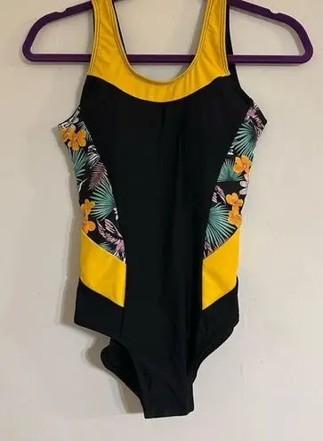 None Yellow and Black Floral Women Swim One Piece SZ S