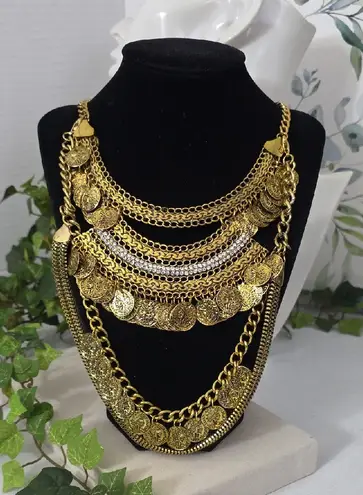 Vintage Bohemian Coins Ethnic Gypsy Bib Chunky Festival Statement Necklace Gold