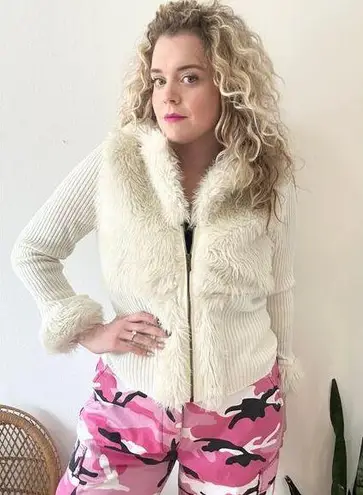 Roz & Ali Off White Faux Fur Ribbed Knit Zip Up Cardigan size large