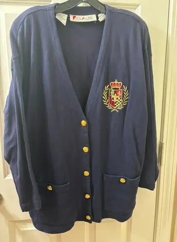 Y2K Chaus Navy 100% Cotton Cardigan Nautical Crest PREPPY Gold Buttons L Blue Size L