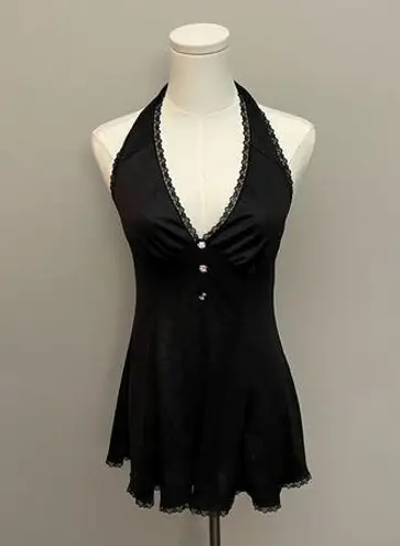 Vintage Nighty Lingerie Floral Silky Lace Halter Neck Shorts Black Y2K 90’s