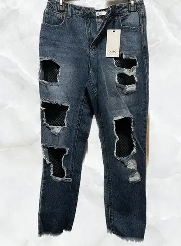 Cello Denim Ripped High Waisted Jeans with Black Mesh Fishnet