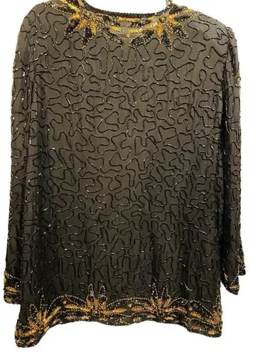Night Vogue Vintage 80s Silk Black Gold Beaded Sequin Swirly Glam Party Jacket Size 1X