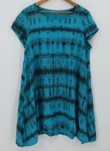 Bryn Walker Teal Black Tie Dye Linen Tunic Dress Lagenlook Boho USA Size S