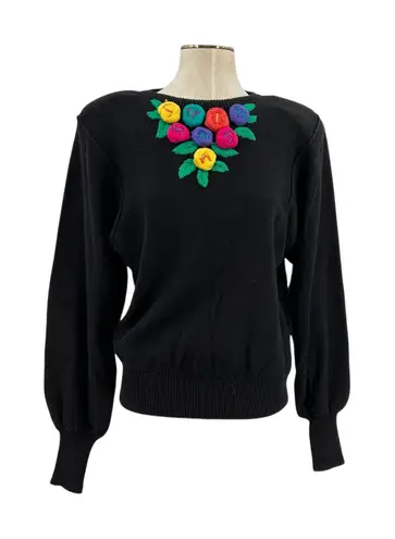 Bonnie Boerer Vintage Sweater Puff Sleeve Flower Applique Knit Size Medium Black