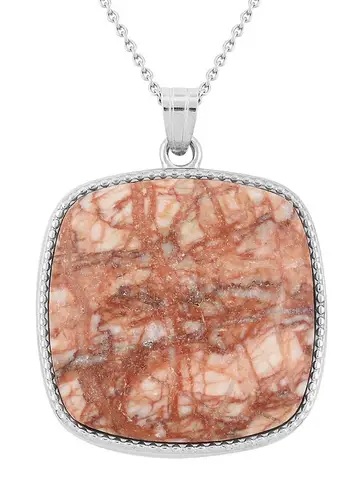 Plain Square Pink Web Jasper Inlay Frame Pendant Silvertone with Stainless Steel