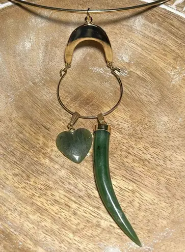 Vintage Gold Tone Choker Green Jade Horn & Heart Pendant Necklace