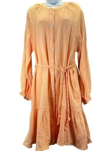 Magaschoni Organic Cotton Gauze Ruffle Button up Dress women sz L