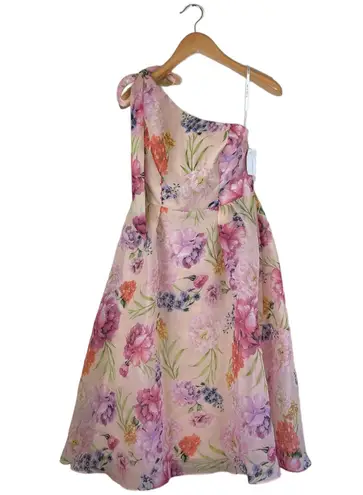 Alfred Sung Women's Scarf-Tie One-Shoulder Floral Organdy Midi Dress Size 8