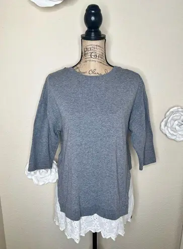 Matilda Jane NTM: Gray & White Eyelet Layered In The Clouds Tunic Top Sz M