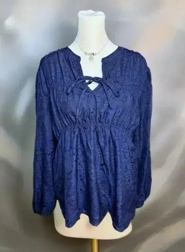 Mason & Belle NWT Boutique Top Navy Lace Blouse Long Sleeve Cinched Waist Sz L