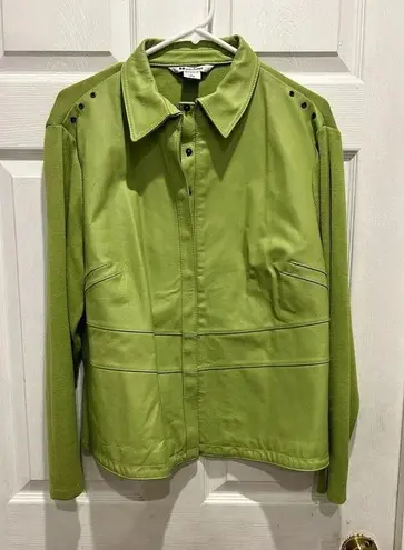 Peter Nygard Collection Lime Green Leather Front Knit Back Sleeves Jacket Large