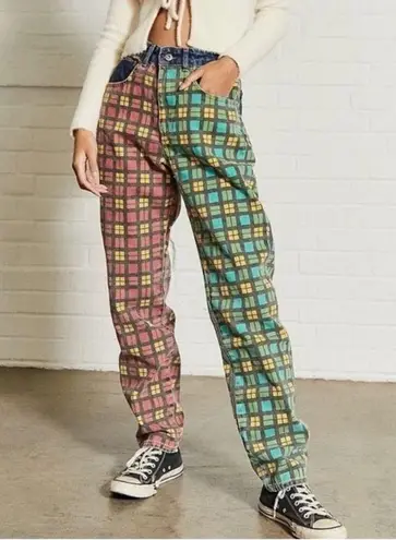 The Ragged Priest x Free People plaid jeans red yellow blue green color block mom