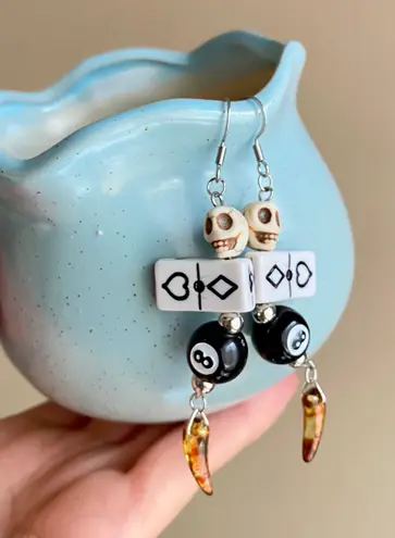 Handmade y2k Kawaii funky grunge style dice & 8 ball & skull & Czech glass unique dangle earrings 🎲🖤💀