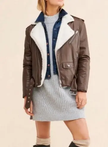 Pistola Blaine Sherpa Collar Moto Jacket Brown Vegan Leather Size Small