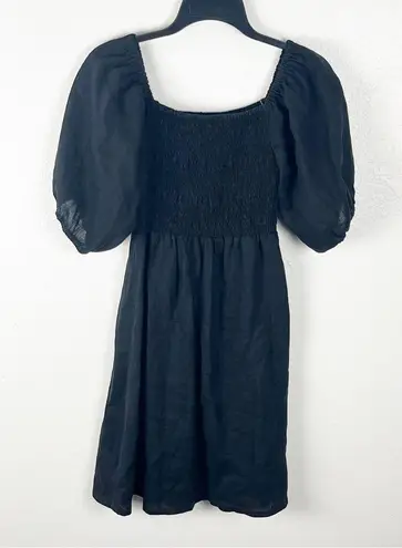 Aura Classic Black 100% Linen Smocked Top Puff Elastic Cuff Sleeve Dress Medium