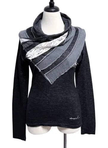 Desigual Grey Ivory Faded Black Knit Shawl Neck Lace Long Sleeve Slim Fit Top M