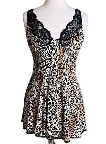 Leopard Print Slip Dress Nightgown Nightie Lace Lingerie M Medium Black