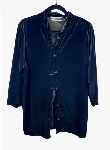 Amanda Smith Black Velvet Mandarin Collar Button Front Long Sleeve Blouse Top L