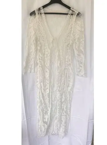 Boho Kimono Cardigan Women’s Size Medium Sheer Cream Long Lace Duster Festival