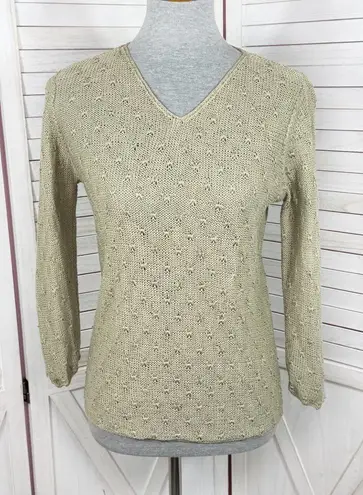 Petite Sophisticate Vintage Beaded Linen Blend V Neck Sweater Olive Medium