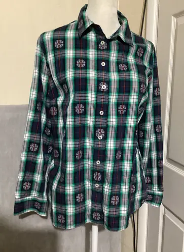 Talbots  Petite Plaid Button Down Shirt Women MP Green Navy Red Floral Accents - Image 1