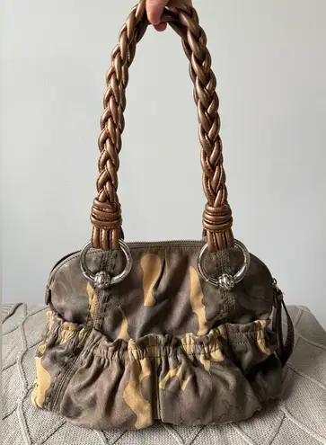 VTG B. Makowsky Caroline Bag Camouflage Bronze Leather Braided Double Handles Brown