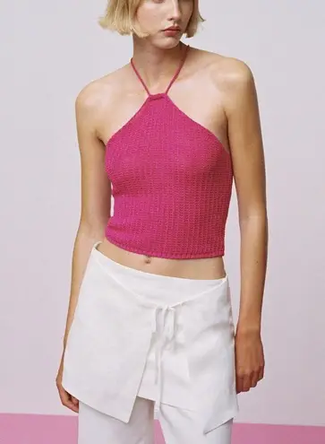 Mango MNG  Pink Crochet Knit Cropped Halter Tank Top Size Medium