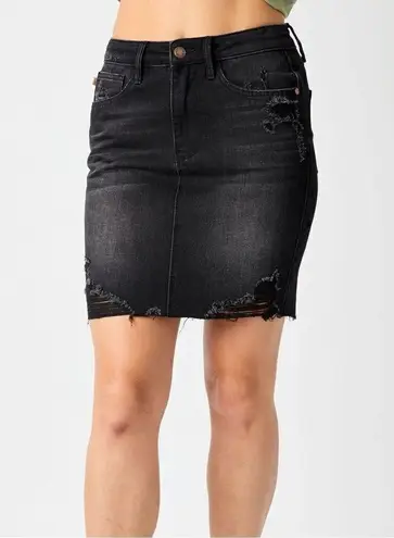 Judy Blue Danielle Distressed Rigid Magic High Waist Denim Mini Skirt Black